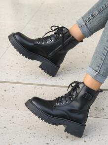 Fall/Winter Women's Fashion Mid-Calf Boots, Side Zipper Lace-Up Decor Buckle Strap Boots, White Color, Large Size,Boots For Women - Black - View 5