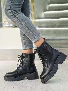 Fall/Winter Women's Fashion Mid-Calf Boots, Side Zipper Lace-Up Decor Buckle Strap Boots, White Color, Large Size,Boots For Women - Black - View 6