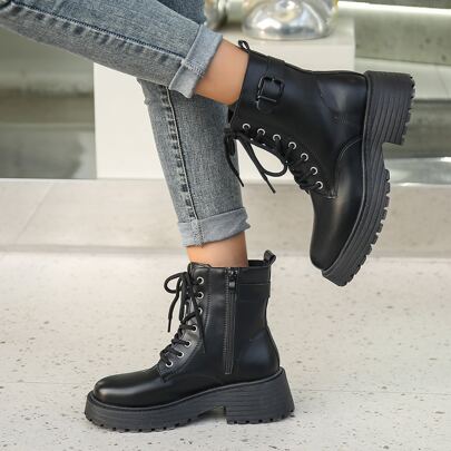 Buckle Decor Side Zip Lace-up Front Combat Boots