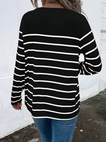 SHEIN LUNE 插肩袖條紋圖案半排扣T恤 - 黑與白 - 查看 2