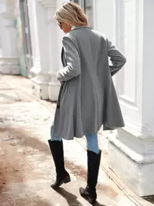SHEIN LUNE Abrigo largo de solapa de una hilera, abrigo de mujer casual de otoño tardío de manga regular y corte regular en color gris liso, para uso diario casual - Gris - Ver 2