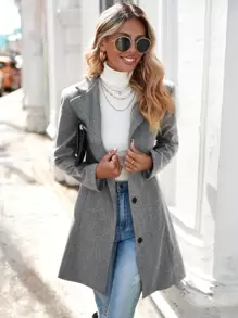 SHEIN LUNE Abrigo largo de solapa de una hilera, abrigo de mujer casual de otoño tardío de manga regular y corte regular en color gris liso, para uso diario casual - Gris - Ver 3