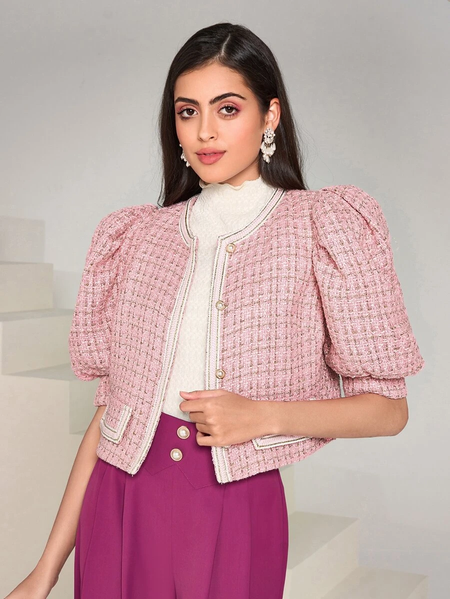 Modelyn Plaid Pattern Puff Sleeve Flap Detail Overcoat - Pink - View 1