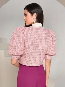 Modelyn Plaid Pattern Puff Sleeve Flap Detail Overcoat - Pink - View 2