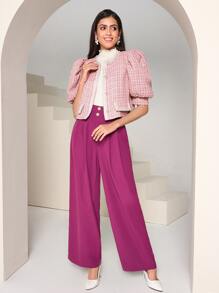 Modelyn Plaid Pattern Puff Sleeve Flap Detail Overcoat - Pink - View 3