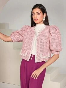 Modelyn Plaid Pattern Puff Sleeve Flap Detail Overcoat - Pink - View 4