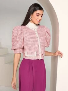 Modelyn Plaid Pattern Puff Sleeve Flap Detail Overcoat - Pink - View 5