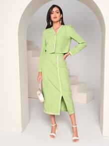 Modelyn Contrast Piping Jacket & Split Hem Skirt - Lime Green - View 1
