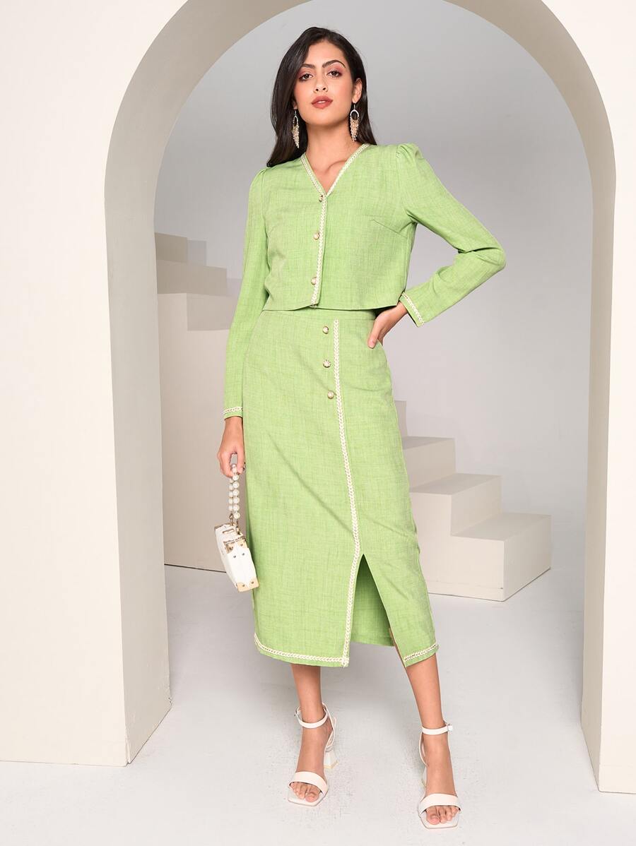 Modelyn Contrast Piping Jacket & Split Hem Skirt - Lime Green - View 1