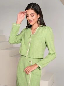 Modelyn Contrast Piping Jacket & Split Hem Skirt - Lime Green - View 5