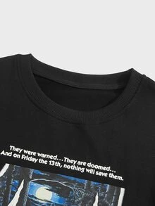 ROMWE MEN WB Horror | ROMWE Guys Slogan Figure Graphic Sweatshirt - Black - View 8