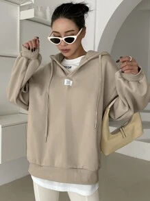 DAZY 女士秋季字母图案抽绳连帽保暖内衬卫衣 - 卡其色 - 查看 2