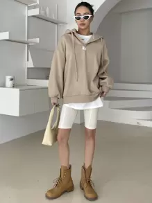 DAZY 女士秋季字母图案抽绳连帽保暖内衬卫衣 - 卡其色 - 查看 3