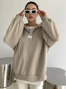 DAZY 女士秋季字母图案抽绳连帽保暖内衬卫衣 - 卡其色 - 查看 5