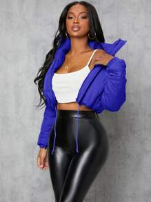 SHEIN SXY Zip Up Drawstring Crop Padded Coat In Fall/Winter - Royal Blue - View 6