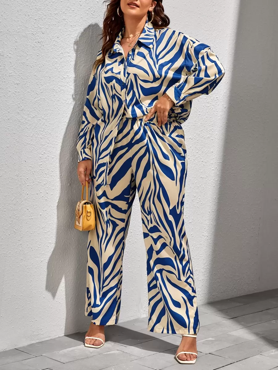 SHEIN Clasi Plus Zebra Striped Drop Shoulder Shirt & Trousers - Blue and White - View 1