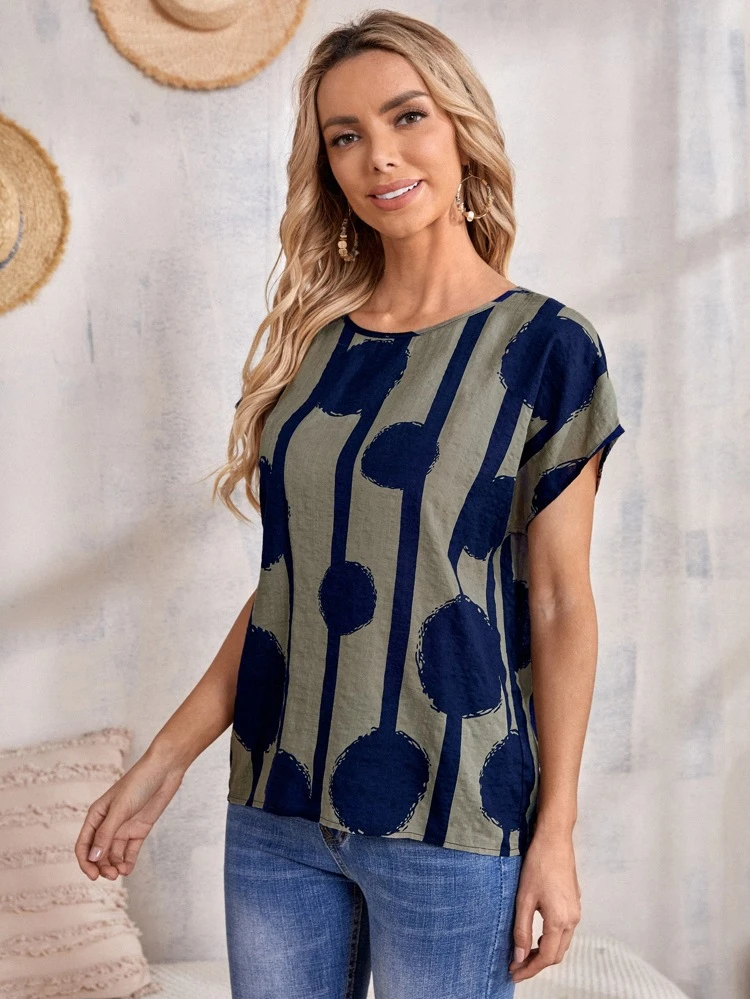 Women's Random Printed Simple Casual Short Sleeve Shirt Black Shirt Black Top