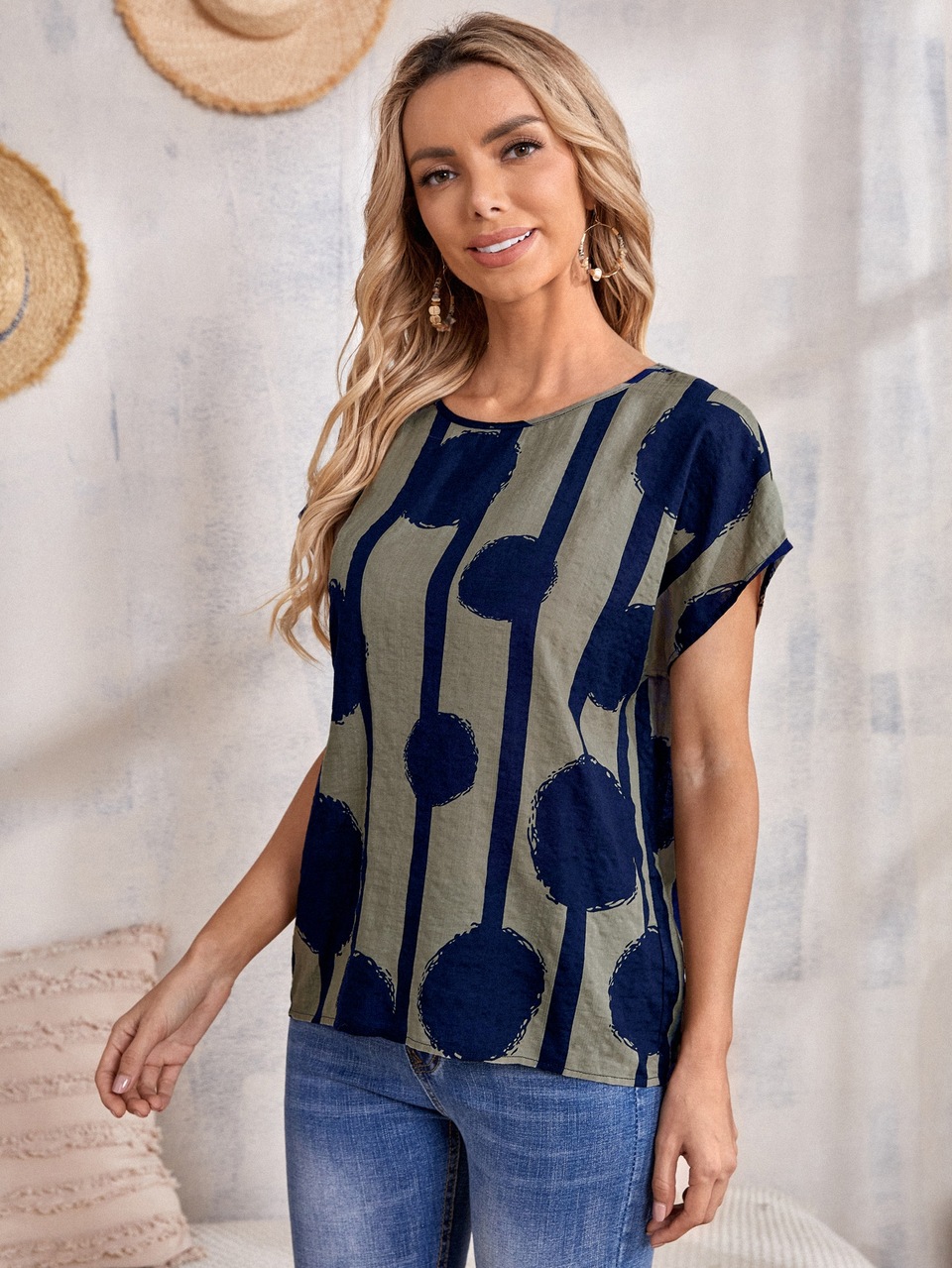 Women's Random Printed Simple Casual Short Sleeve Shirt Black Shirt Black Top