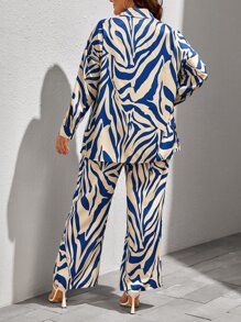 SHEIN Clasi Plus Zebra Striped Drop Shoulder Shirt & Trousers - Blue and White - View 2