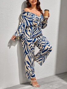SHEIN Clasi Plus Zebra Striped Drop Shoulder Shirt & Trousers - Blue and White - View 3