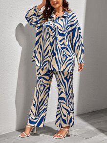 SHEIN Clasi Plus Zebra Striped Drop Shoulder Shirt & Trousers - Blue and White - View 4