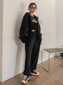 DAZY Áo hoodie và quần nỉ có dây rút và khóa kéo hở vai in họa tiết chữ, Quần áo nữ mùa thu - màu đen - Xem 3