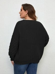 SHEIN LUNE 大碼落肩袖套頭毛衣 - 黑色 - 查看 2