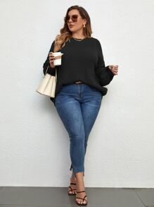 SHEIN LUNE 大碼落肩袖套頭毛衣 - 黑色 - 查看 3