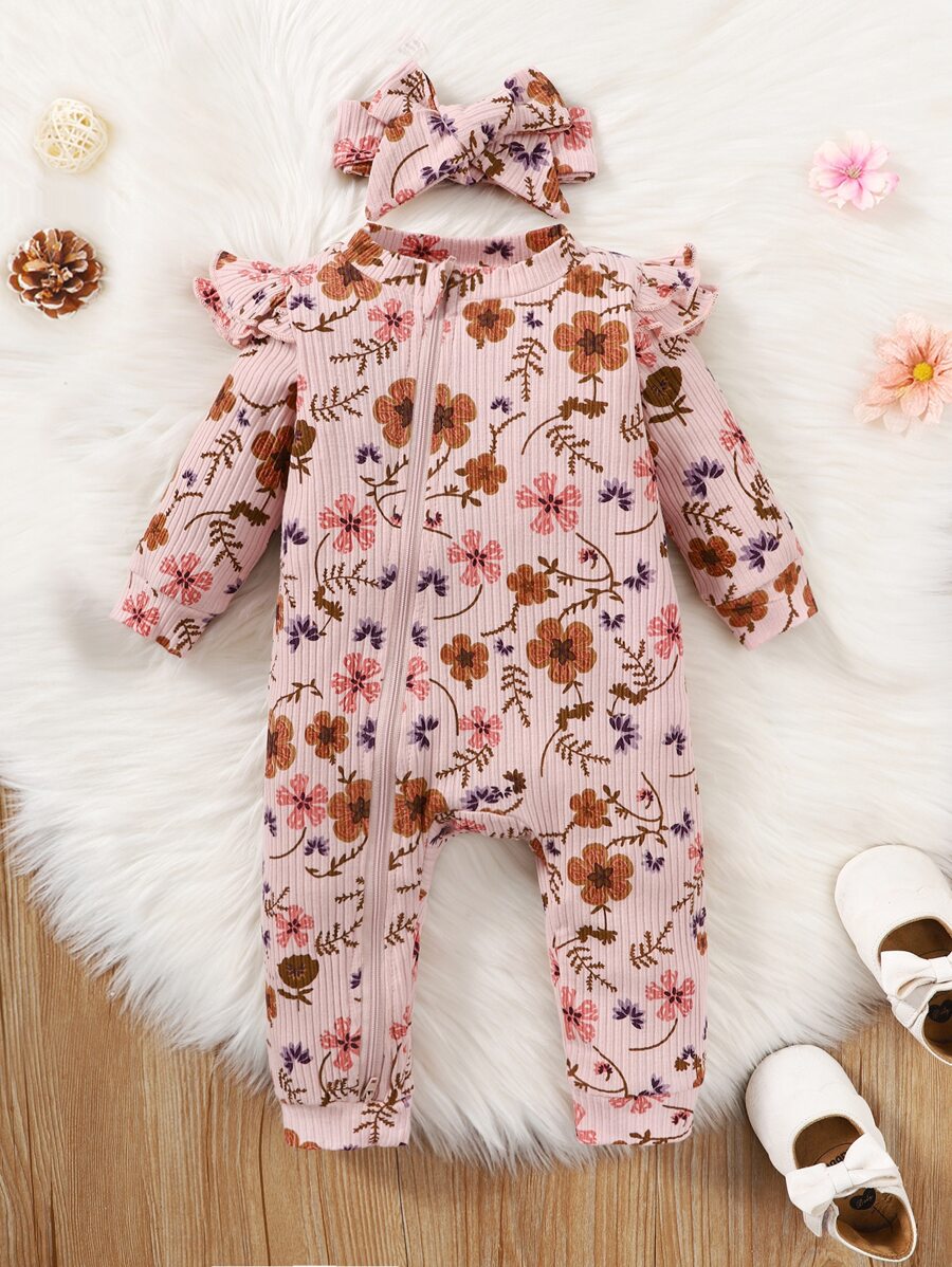 Baby Floral Print Ruffle Trim Jumpsuit & Headband - Dusty Pink - View 1