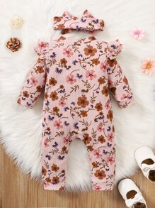 Baby Floral Print Ruffle Trim Jumpsuit & Headband - Dusty Pink - View 2