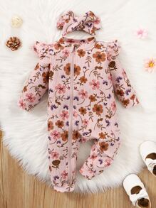 Baby Floral Print Ruffle Trim Jumpsuit & Headband - Dusty Pink - View 6