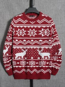Manfinity RebelGame Suéter de hombre con diseño de ciervos y patrones, para otoño e invierno - Rojo - Ver 1