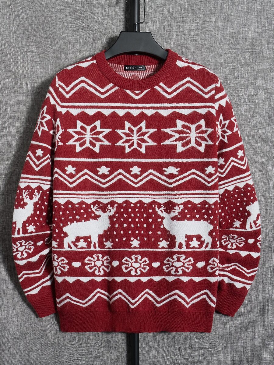 Manfinity RebelGame Suéter de hombre con diseño de ciervos y patrones, para otoño e invierno - Rojo - Ver 1