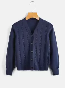 SHEIN Boys Cable Knit Cardigan - Navy Blue - View 1