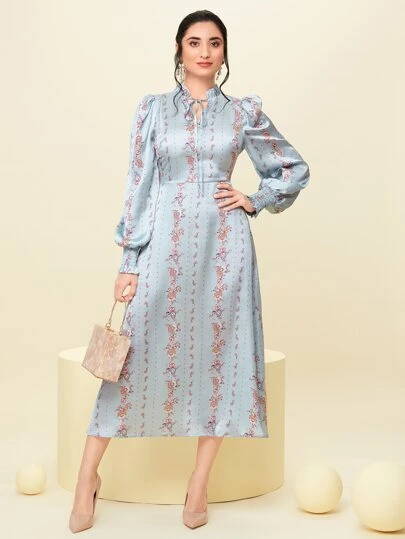 Modelyn Floral Print Frill Trim Tie Neck Satin Dress