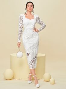 Modelyn Sweetheart Neck Guipure Lace Insert Bodycon Dress - White - View 1