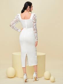 Modelyn Sweetheart Neck Guipure Lace Insert Bodycon Dress - White - View 2