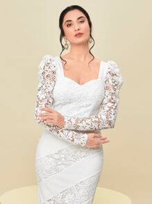 Modelyn Sweetheart Neck Guipure Lace Insert Bodycon Dress - White - View 5