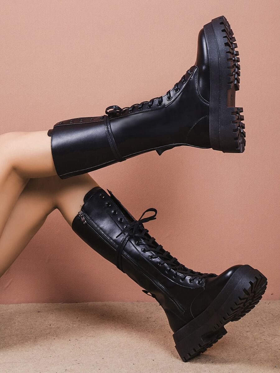 系帶設計側拉鍊馬靴 - 黑色 - 查看 1