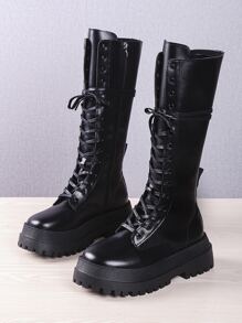 系帶設計側拉鍊馬靴 - 黑色 - 查看 3