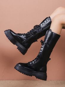 系帶設計側拉鍊馬靴 - 黑色 - 查看 4