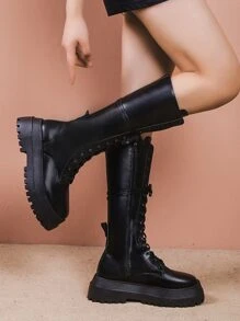 系帶設計側拉鍊馬靴 - 黑色 - 查看 6