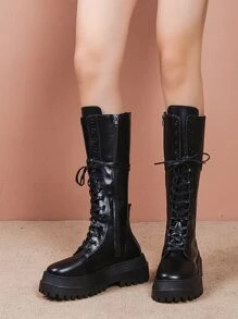 系帶設計側拉鍊馬靴 - 黑色 - 查看 7