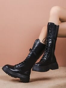 系帶設計側拉鍊馬靴 - 黑色 - 查看 8