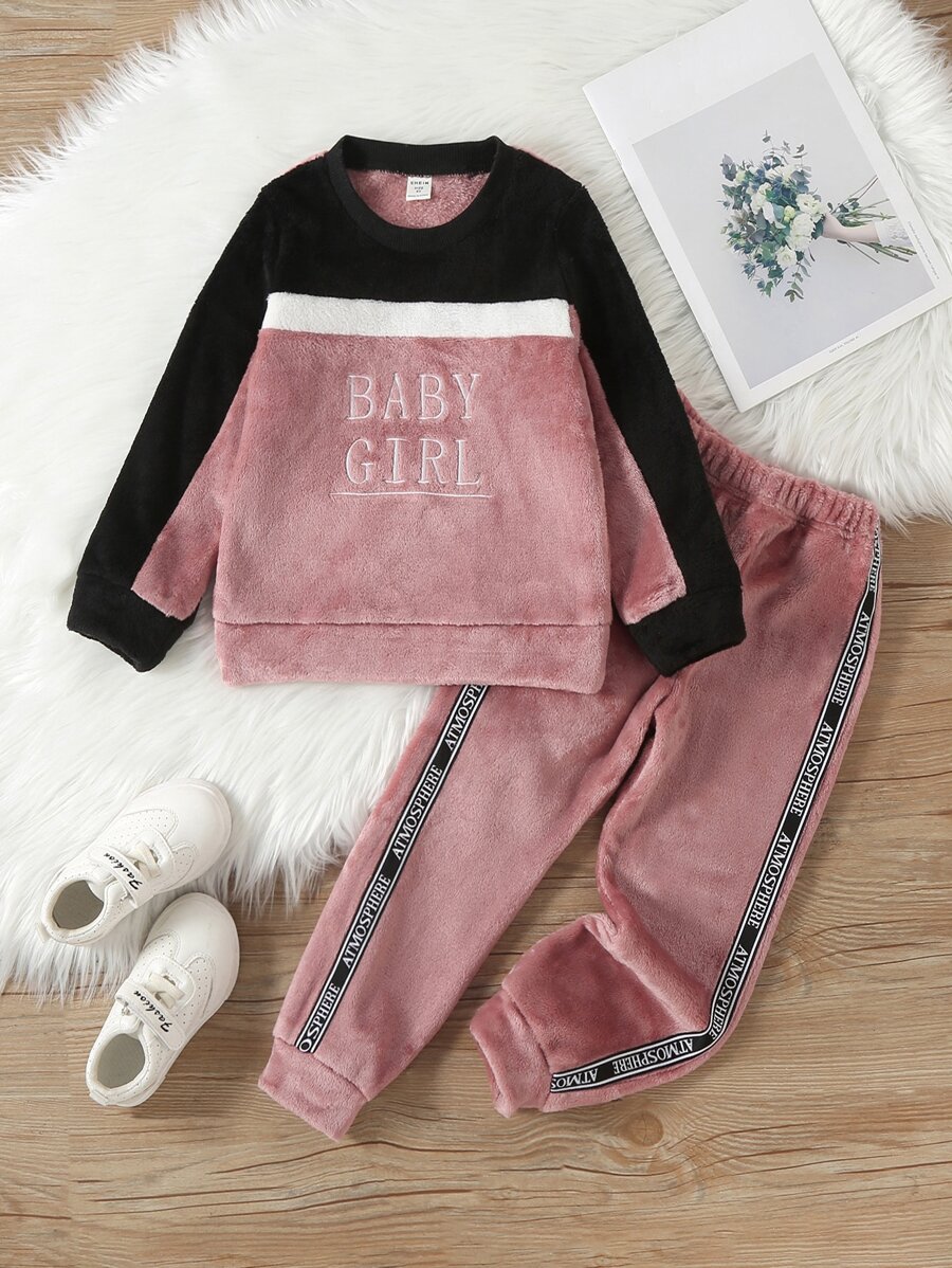 少女字母刺繡拼色法蘭絨套頭衫和褲子 - 彩色 - 查看 1