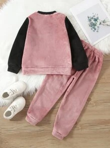 少女字母刺繡拼色法蘭絨套頭衫和褲子 - 彩色 - 查看 2