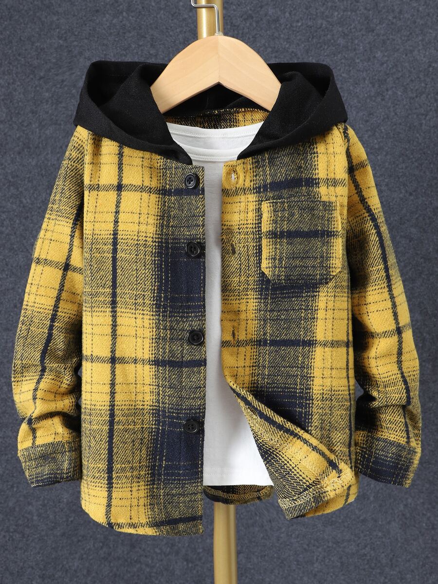 Boys Plaid Patched Pocket Hooded Shirt Without Tee - Yellow - View 1