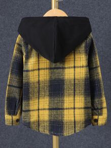 Boys Plaid Patched Pocket Hooded Shirt Without Tee - Yellow - View 2