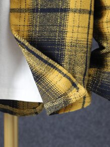 Boys Plaid Patched Pocket Hooded Shirt Without Tee - Yellow - View 5