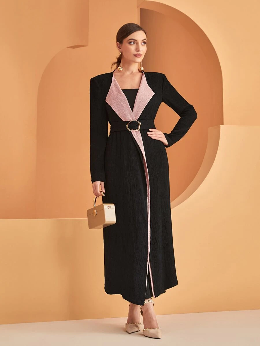 Modelyn Two Tone Waterfall Collar Belted Coat - Black - View 1